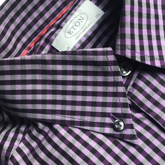 ETON contemporary purple checkered cotton shirt Sz 15 3/4 -40 cm made in Europe - Picture 1 of 12
